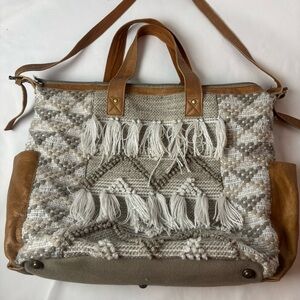 Stanley Street Stella Weekender Tote Woven Boho Large Tote Canvas Leather Beige